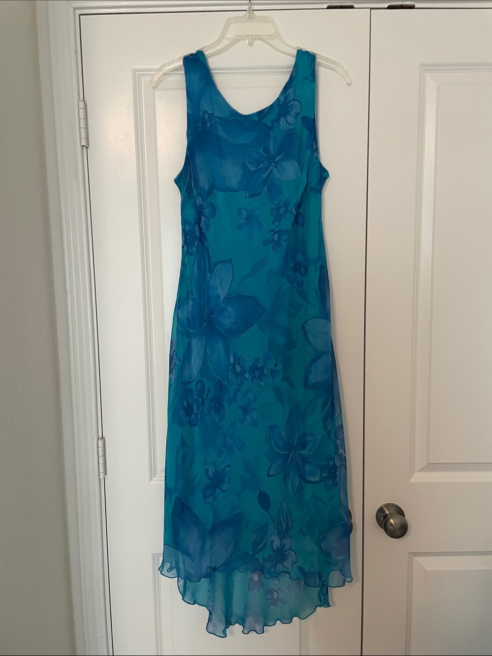 Vintage Y2K Believe Blue Aqua Watercolor Floral Chiffon High Low Dress
